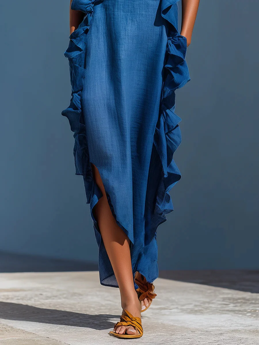 Resort-style Sleeveless Backless Long Dress With Ruffles - Image 4