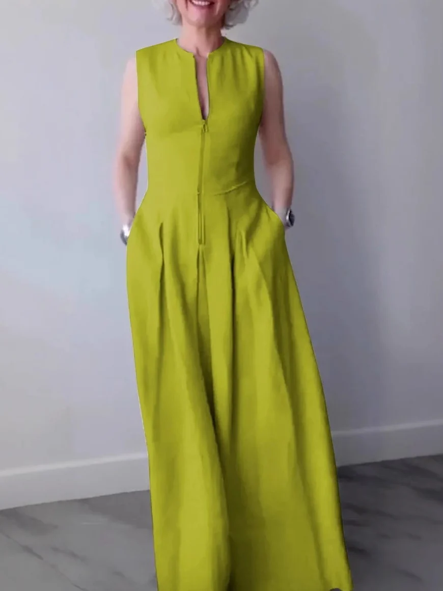 High-waisted Solid Color Sleeveless Zipper Long Dress - Image 3
