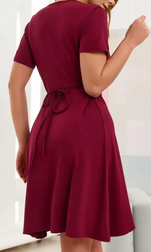 Short-sleeved V-neck Solid Color One-piece Short Dress - Image 2