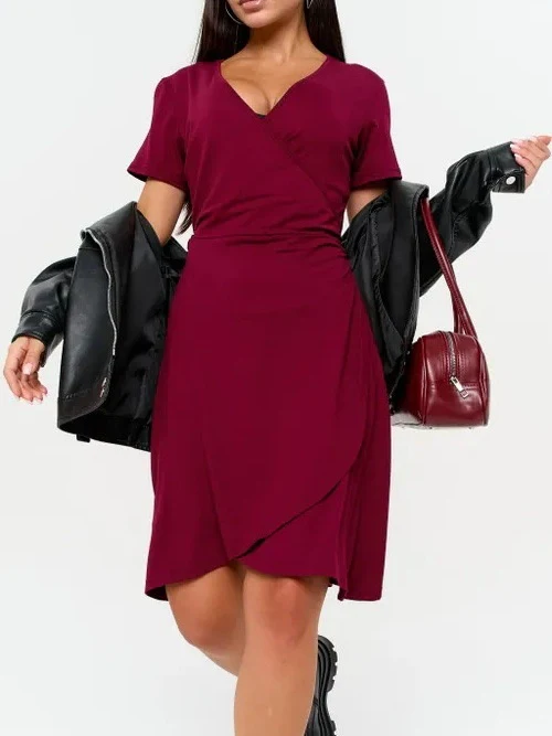 Short-sleeved V-neck Solid Color One-piece Short Dress - Image 4