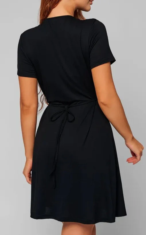 Short-sleeved V-neck Solid Color One-piece Short Dress - Image 7