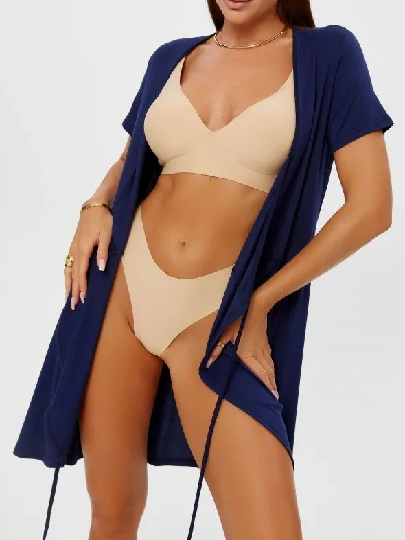 Short-sleeved V-neck Solid Color One-piece Short Dress - Image 9