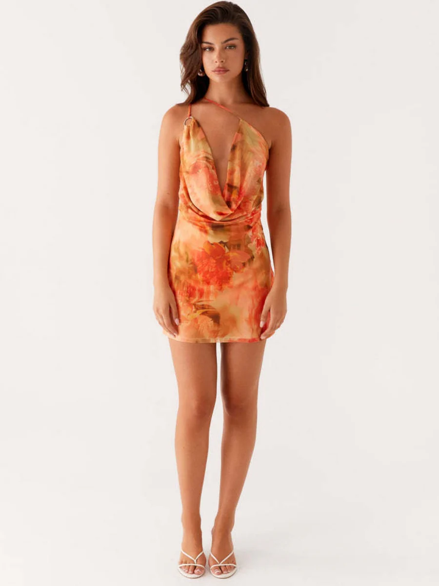 Sexy Print With A Swing Neck And One Shoulder Crossbody Mini&Short Dresses - Image 8