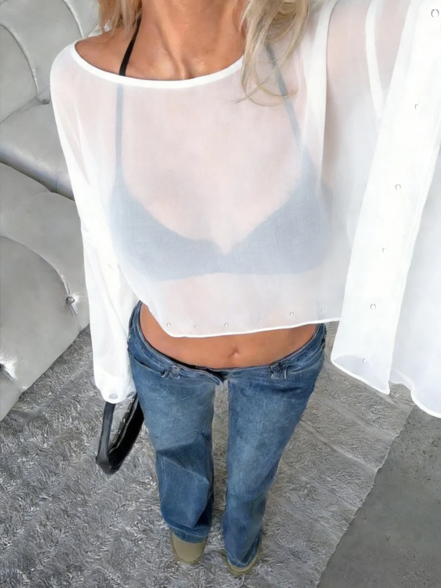 Solid Color T-shirt With Pearl Design - Image 8