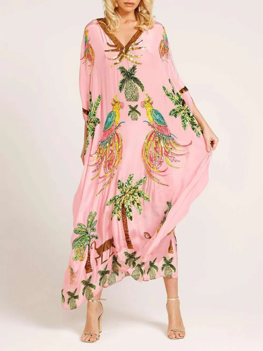 V-neck Floral Print Loose-fitting Long Dress - Image 3
