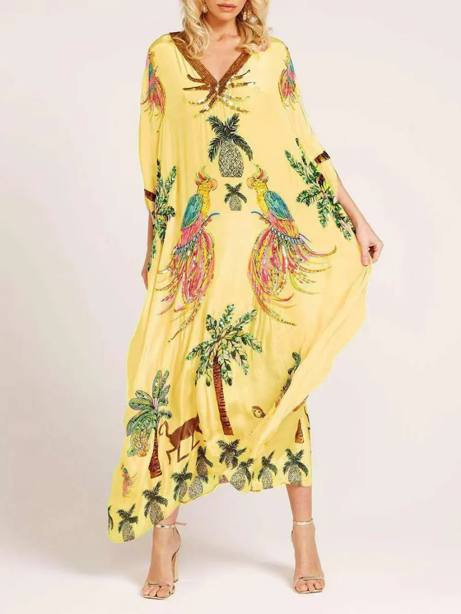 V-neck Floral Print Loose-fitting Long Dress - Image 7