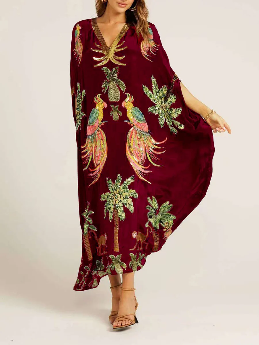 V-neck Floral Print Loose-fitting Long Dress - Image 8
