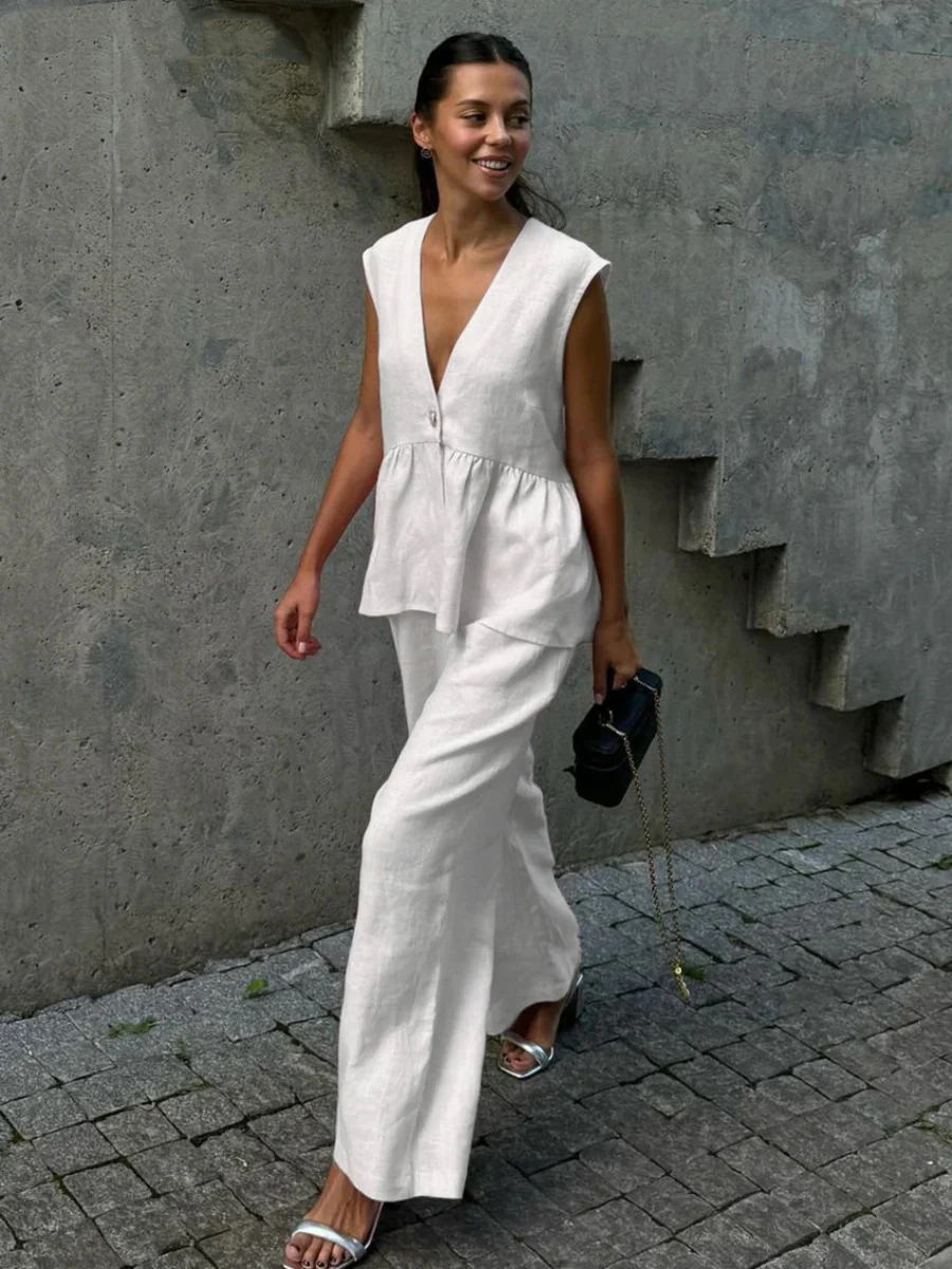 Cotton V-neck Sleeveless Top, Vest, And Trousers Buttons Solid Color 2-piece Sets