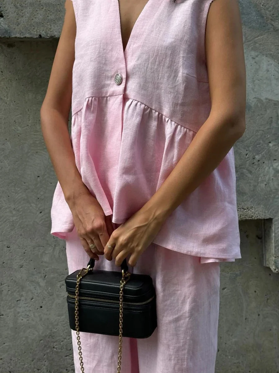 Cotton V-neck Sleeveless Top, Vest, And Trousers Buttons Solid Color 2-piece Sets - Image 2