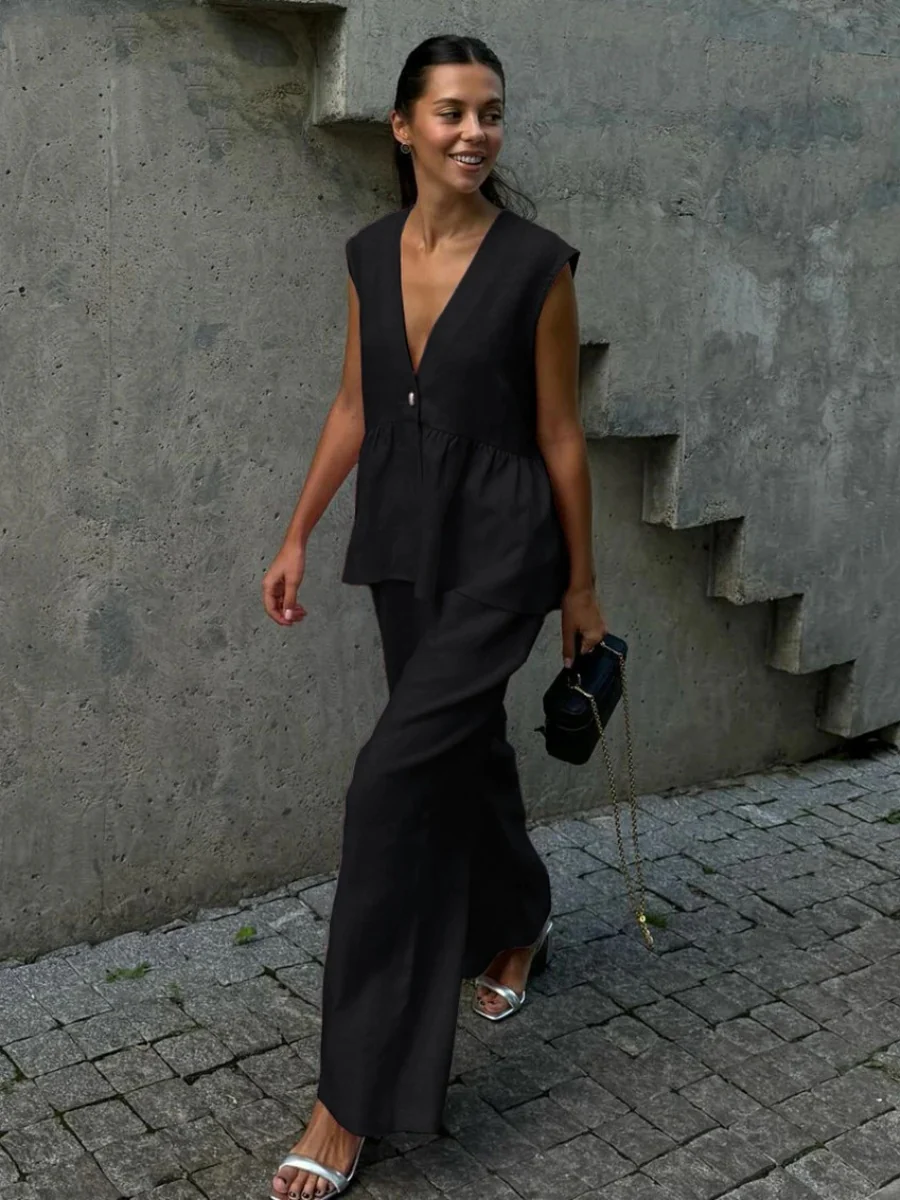 Cotton V-neck Sleeveless Top, Vest, And Trousers Buttons Solid Color 2-piece Sets - Image 3