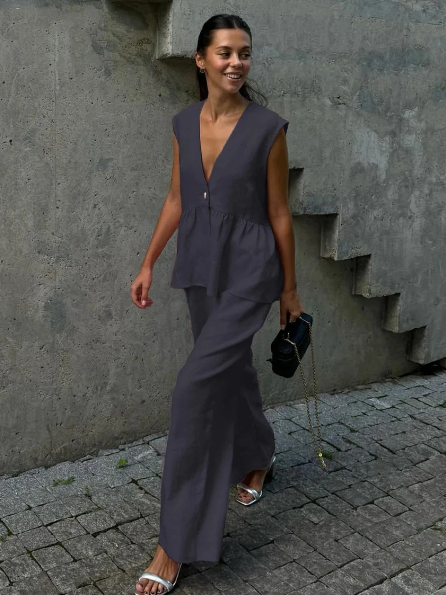 Cotton V-neck Sleeveless Top, Vest, And Trousers Buttons Solid Color 2-piece Sets - Image 4