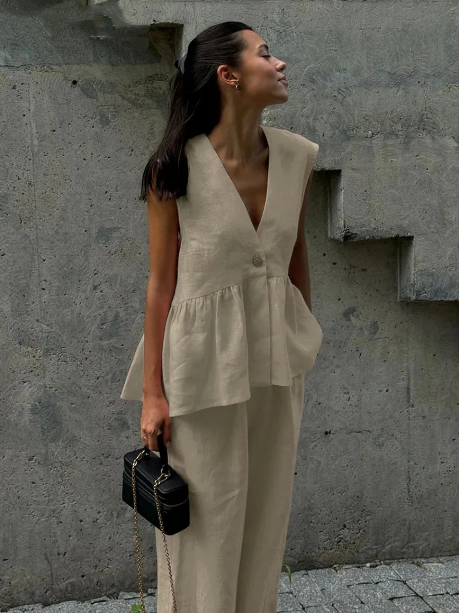 Cotton V-neck Sleeveless Top, Vest, And Trousers Buttons Solid Color 2-piece Sets - Image 5