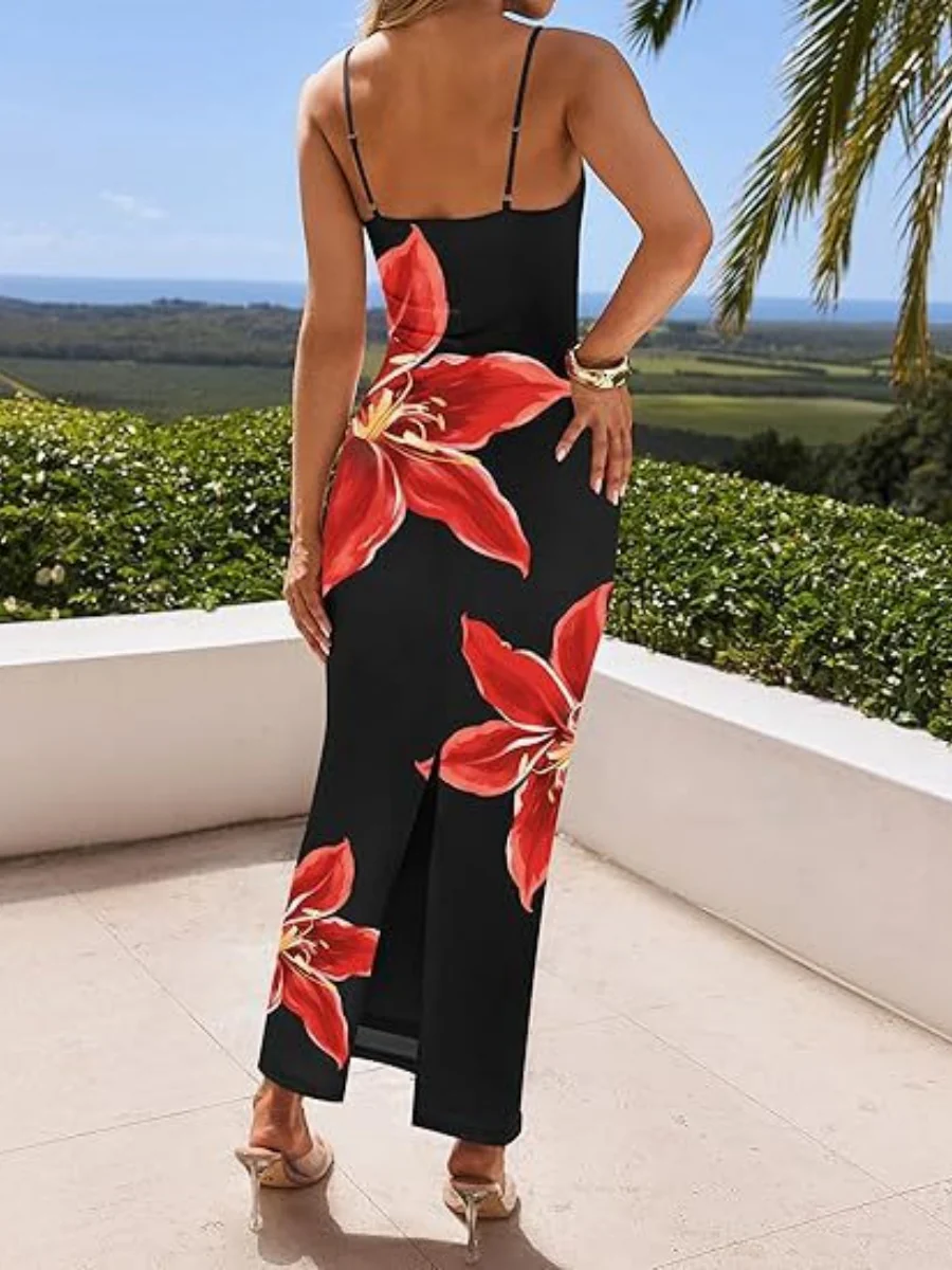 Flowers Fitted Spaghetti Strap Long Dress - Image 11