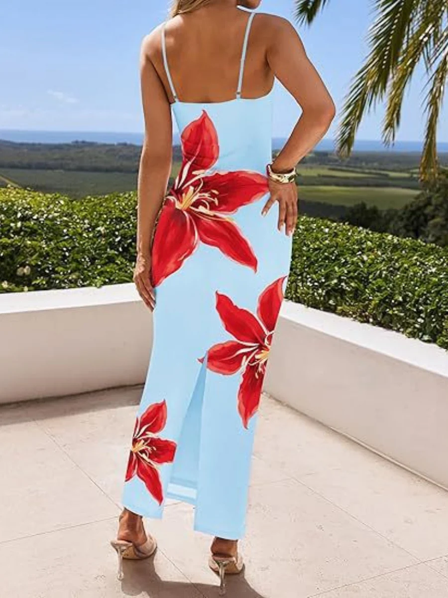 Flowers Fitted Spaghetti Strap Long Dress - Image 16