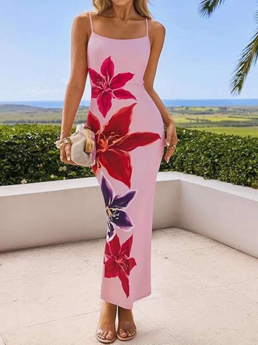 Flowers Fitted Spaghetti Strap Long Dress - Image 7