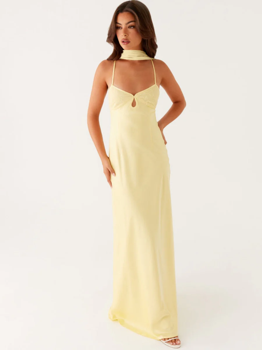 V-neck, Tie-up, Backless Satin Maxi Dress With A Resort Style - Image 3