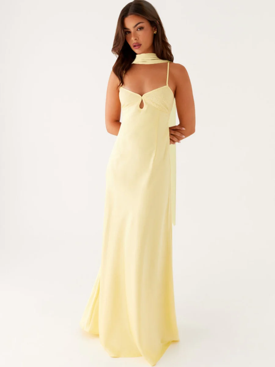 V-neck, Tie-up, Backless Satin Maxi Dress With A Resort Style - Image 4