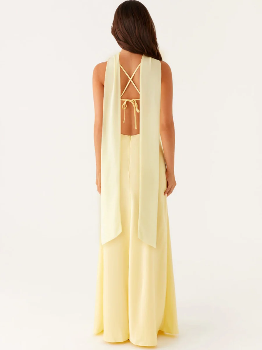V-neck, Tie-up, Backless Satin Maxi Dress With A Resort Style - Image 5