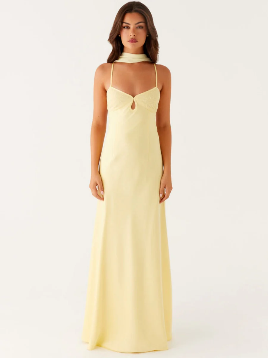 V-neck, Tie-up, Backless Satin Maxi Dress With A Resort Style - Image 6