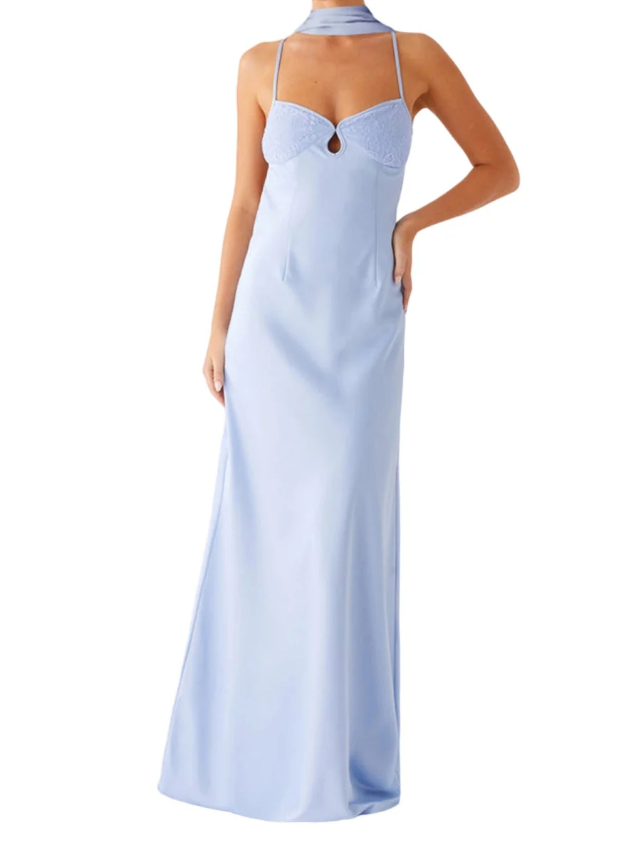 V-neck, Tie-up, Backless Satin Maxi Dress With A Resort Style - Image 7