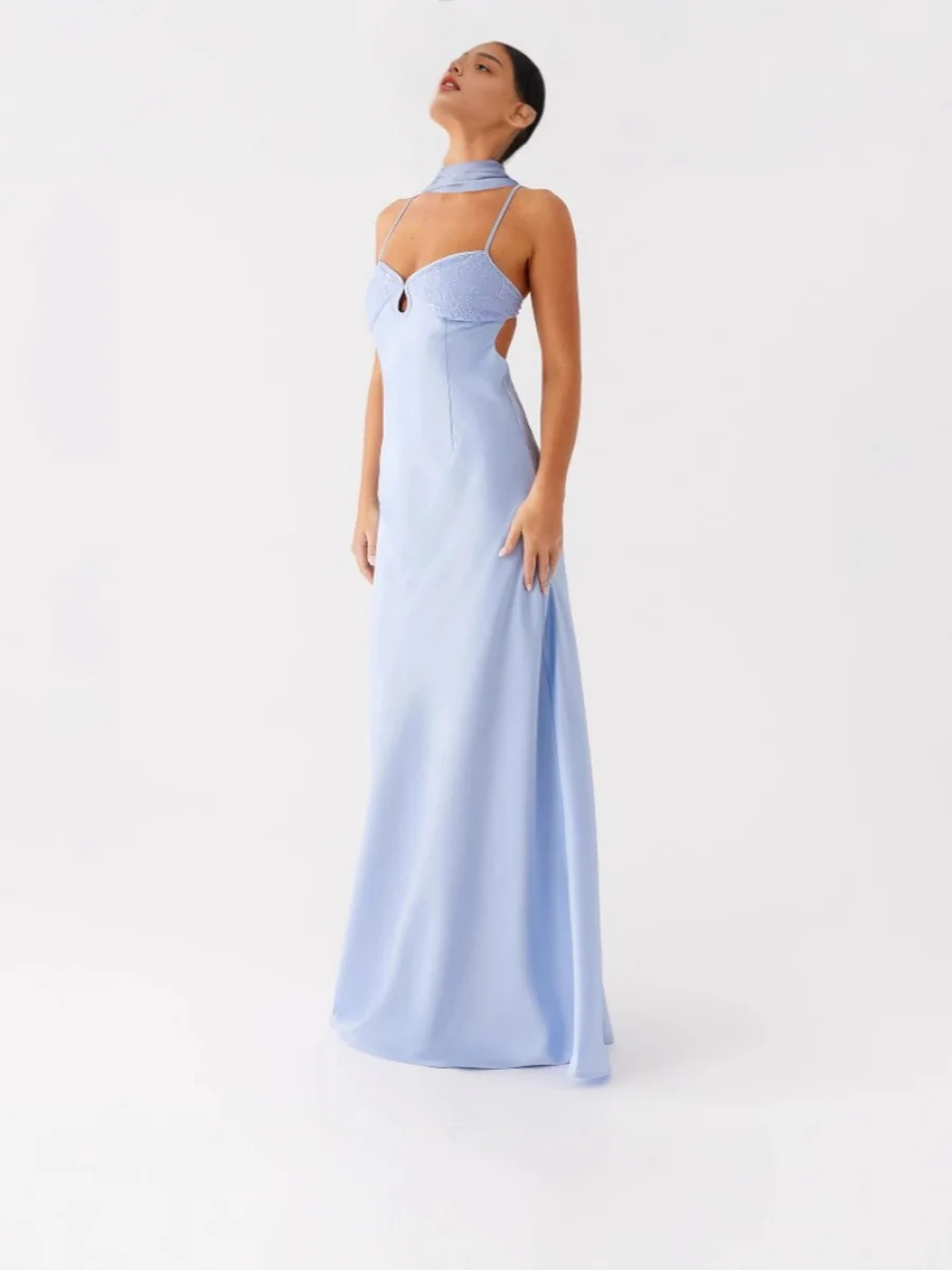 V-neck, Tie-up, Backless Satin Maxi Dress With A Resort Style - Image 8