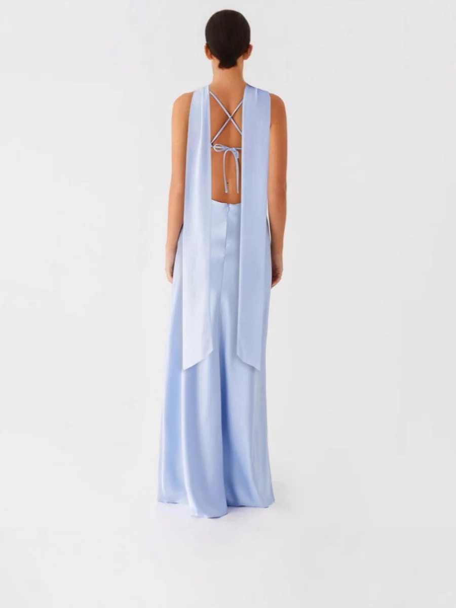 V-neck, Tie-up, Backless Satin Maxi Dress With A Resort Style - Image 9