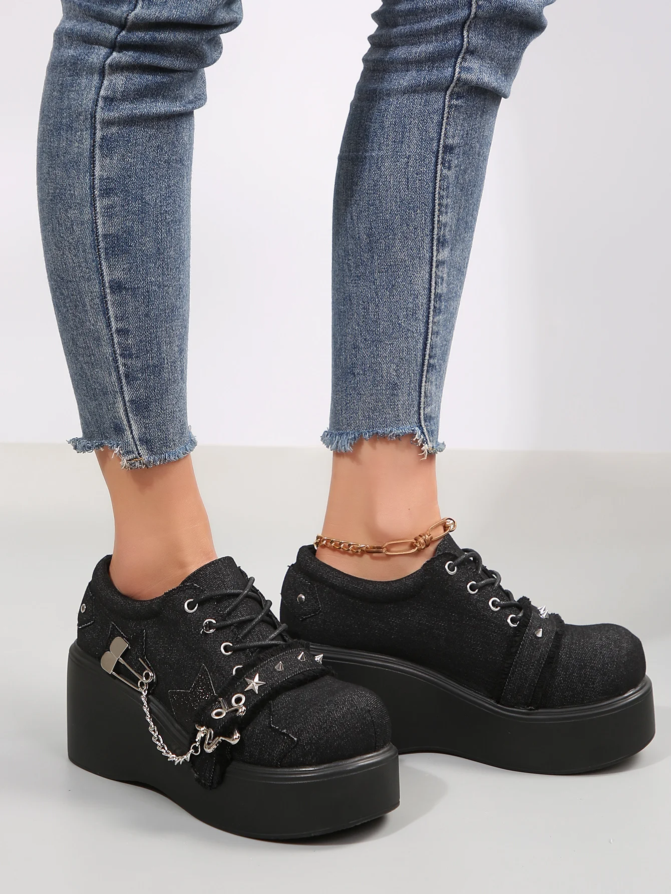 Denim Studded Wedge Platform Shoes