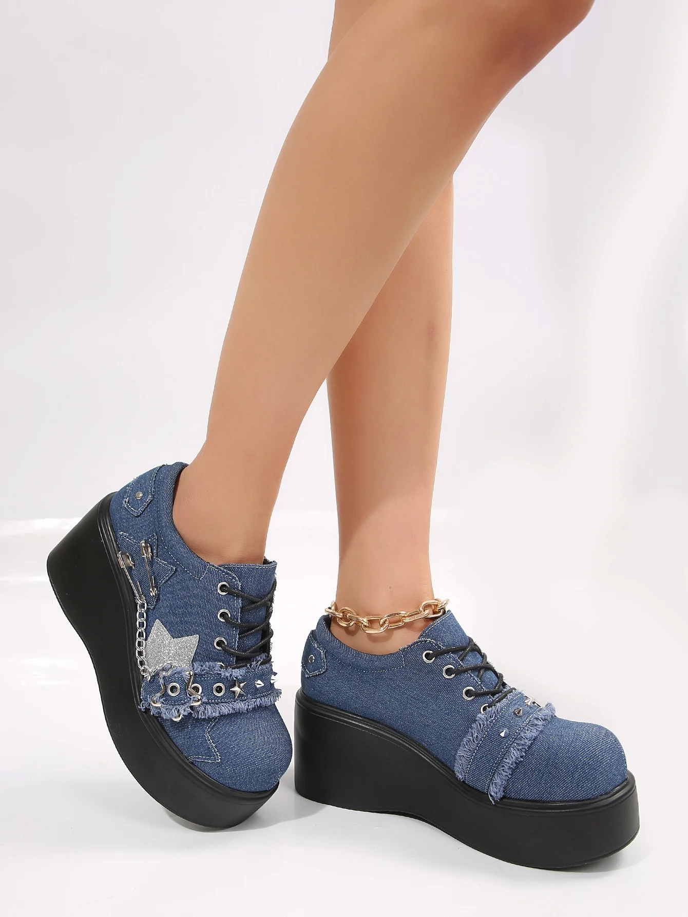 Denim Studded Wedge Platform Shoes - Image 10