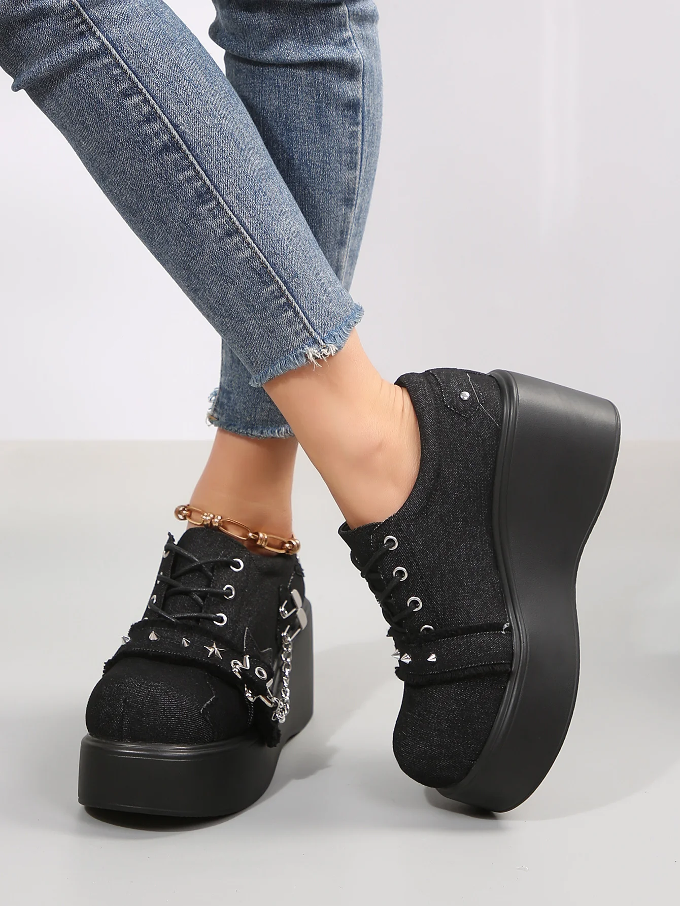 Denim Studded Wedge Platform Shoes - Image 2
