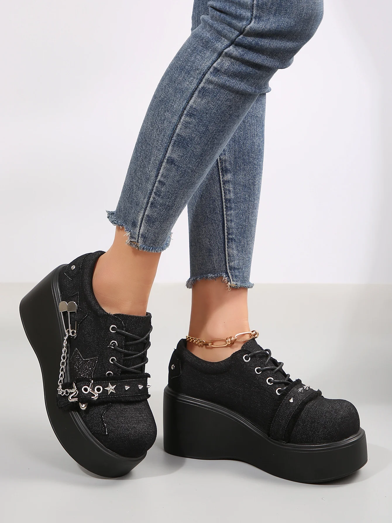Denim Studded Wedge Platform Shoes - Image 3