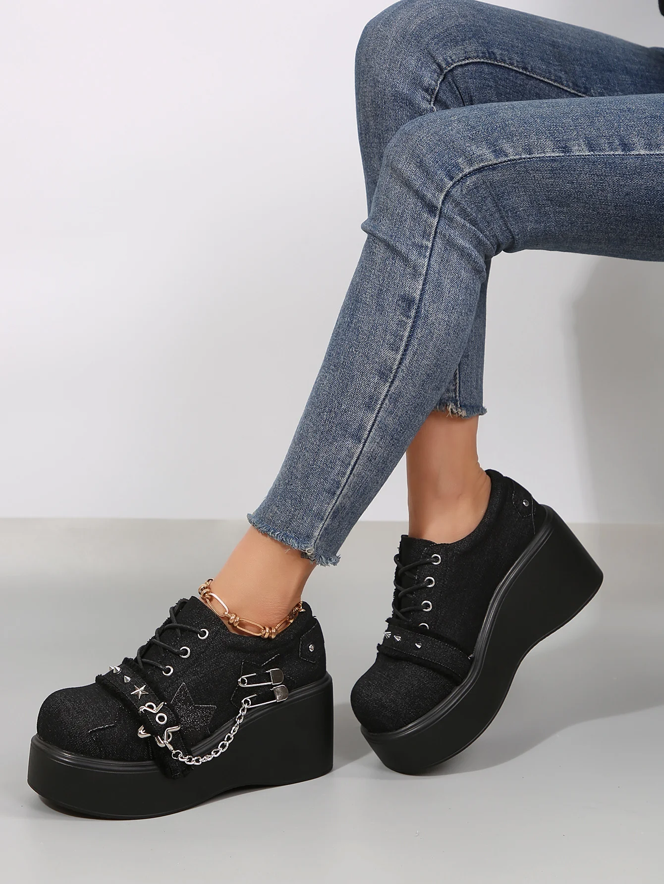 Denim Studded Wedge Platform Shoes - Image 4