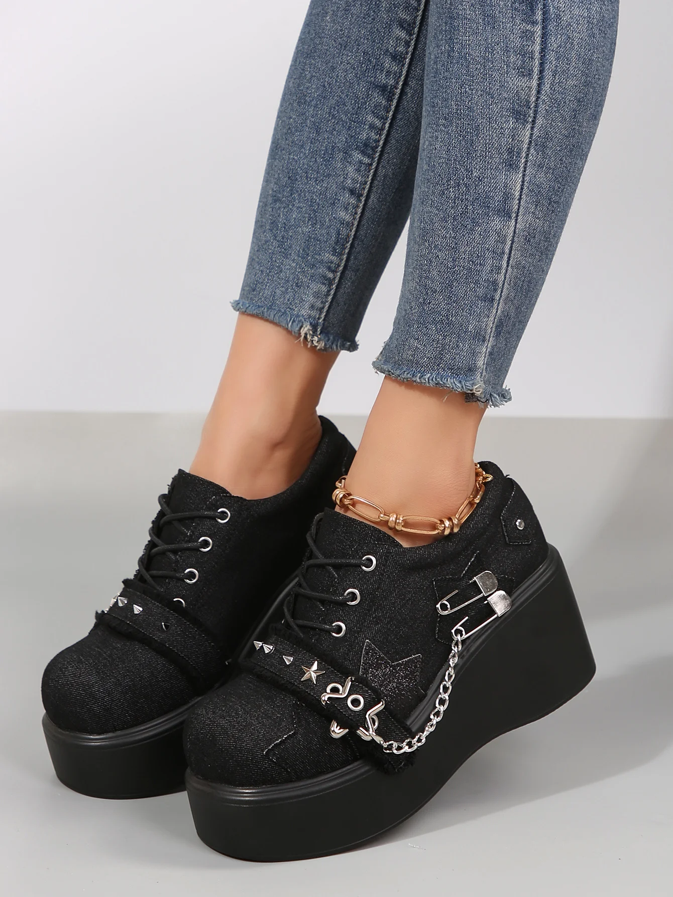 Denim Studded Wedge Platform Shoes - Image 5