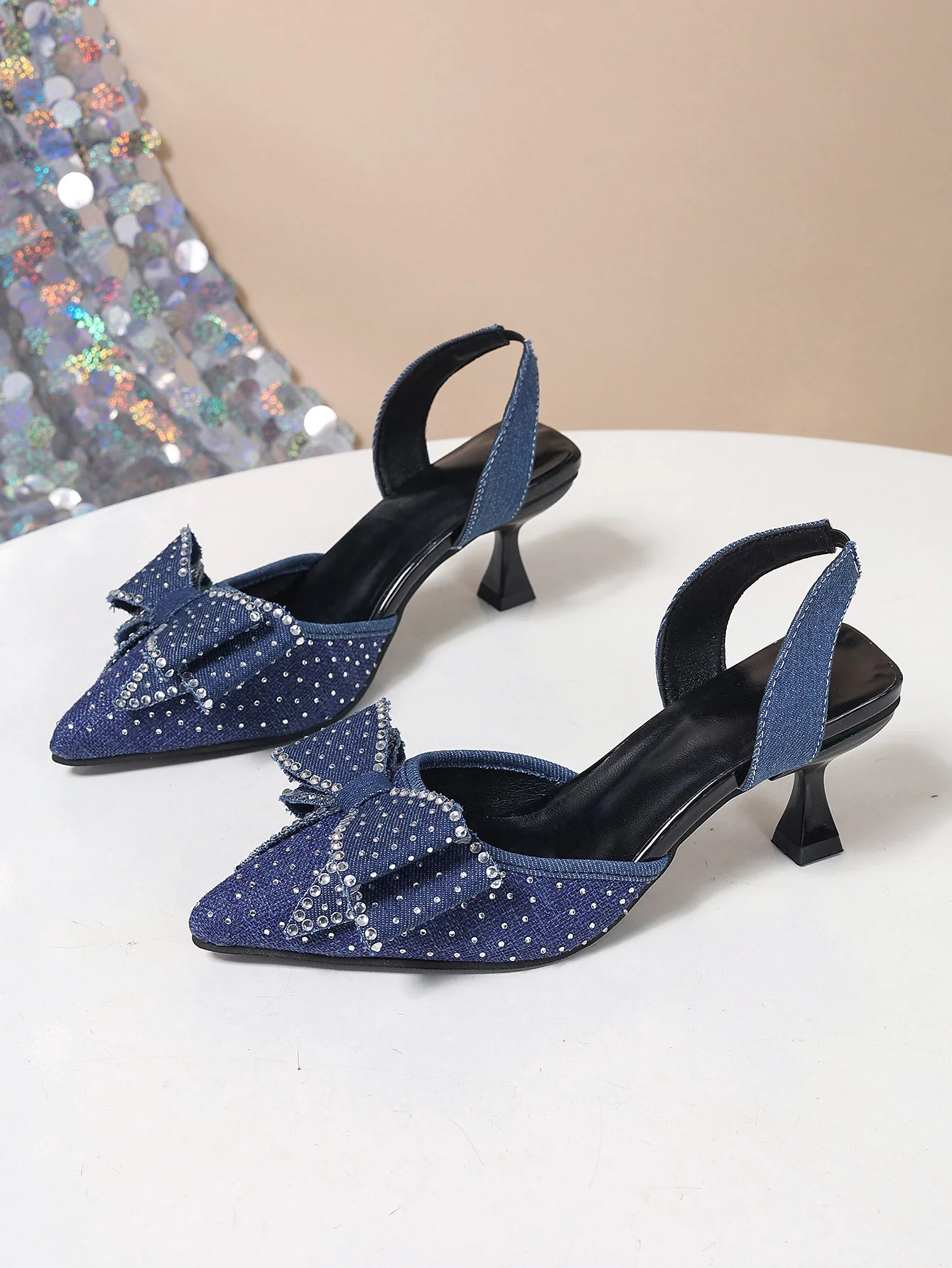 Rhinestone Pointed Bow Backless High Heels - Image 12