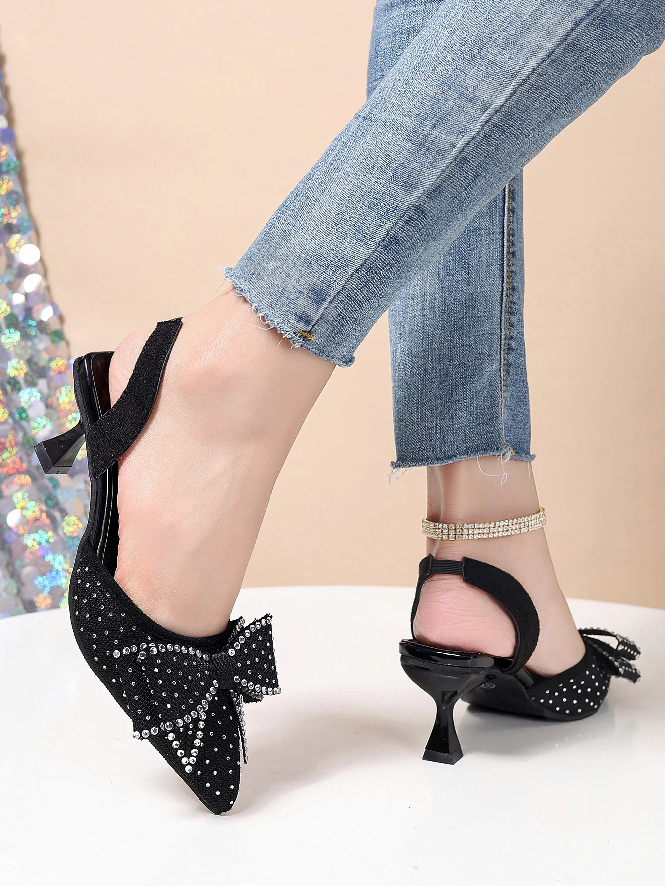 Rhinestone Pointed Bow Backless High Heels - Image 4