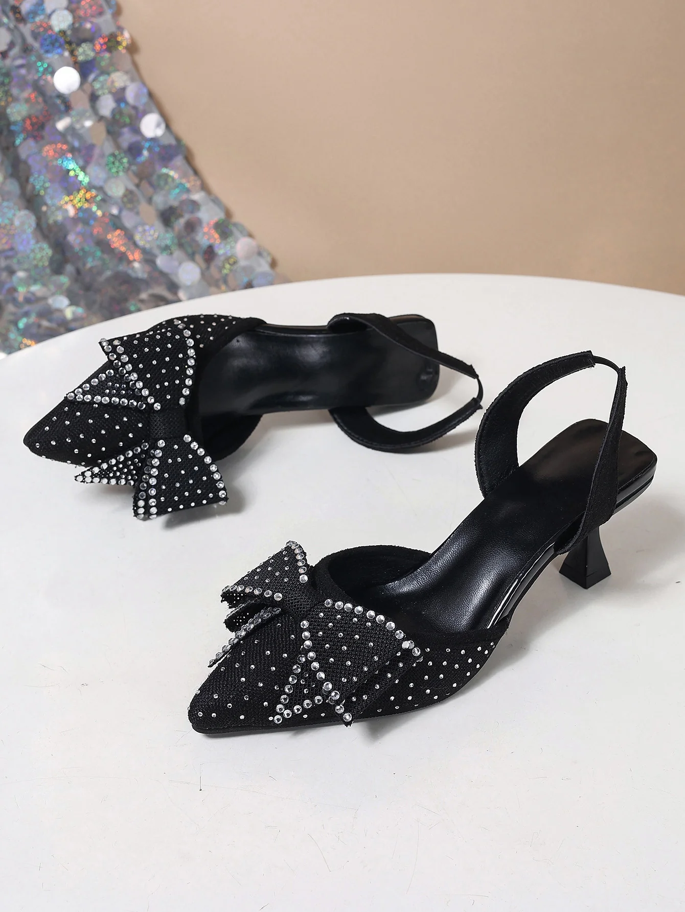 Rhinestone Pointed Bow Backless High Heels - Image 5