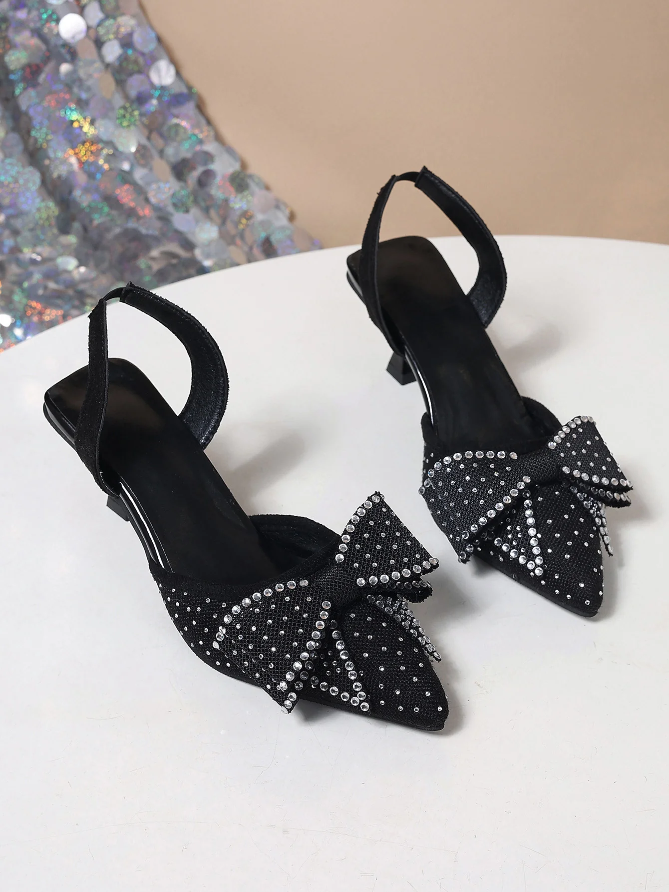 Rhinestone Pointed Bow Backless High Heels - Image 6