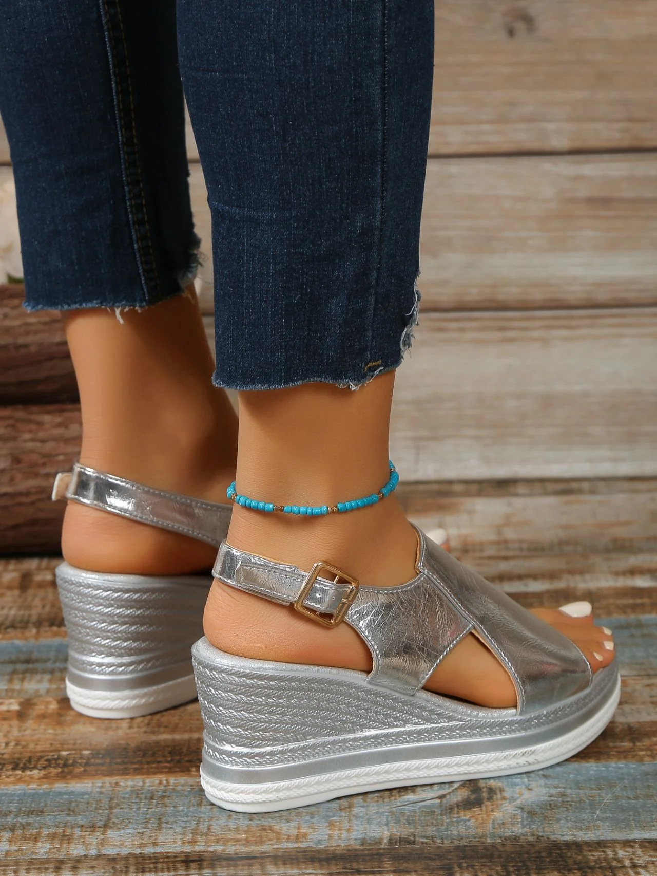 Platform Wedge Sandals, Plus Size, Openwork, Glossy Finish - Image 10