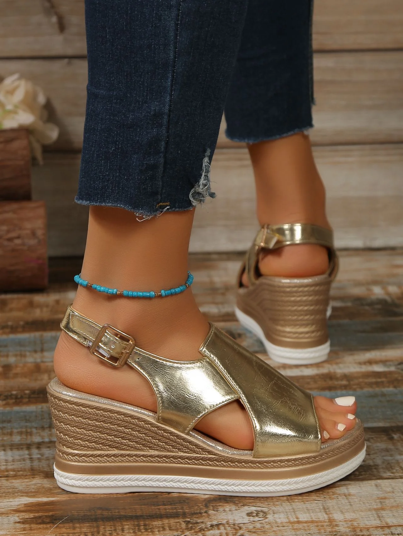 Platform Wedge Sandals, Plus Size, Openwork, Glossy Finish - Image 3