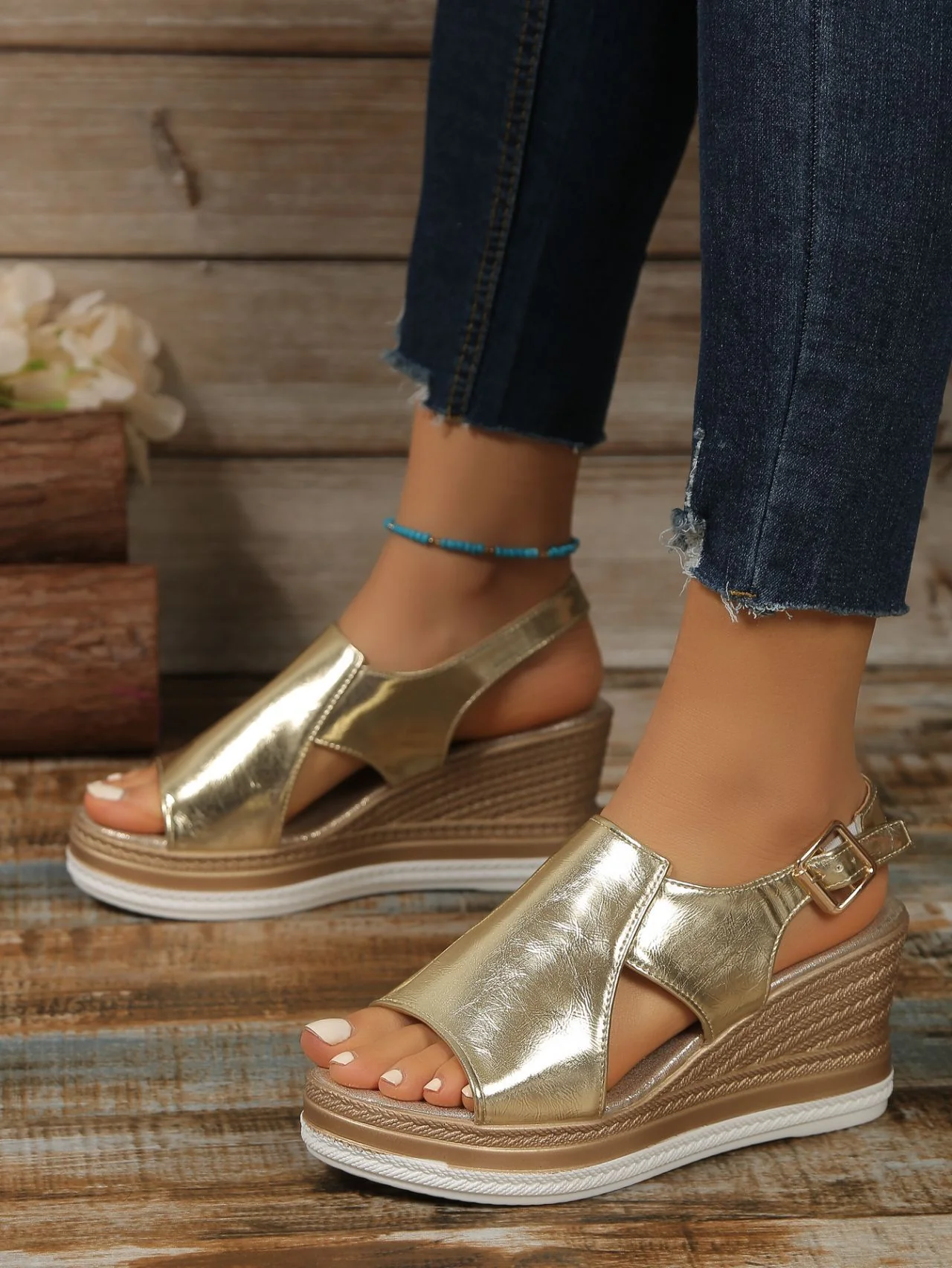 Platform Wedge Sandals, Plus Size, Openwork, Glossy Finish - Image 4
