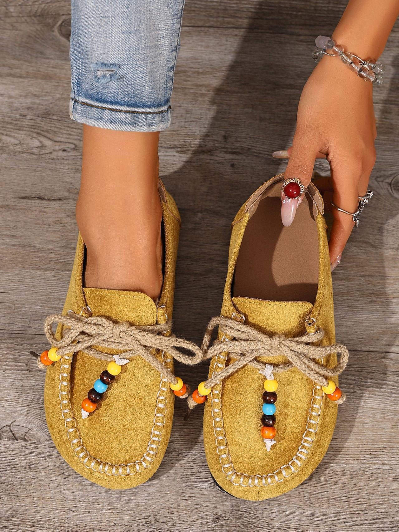 Lace-up Beaded Casual Suede Retro Round Toe Flat Shoes - Image 19