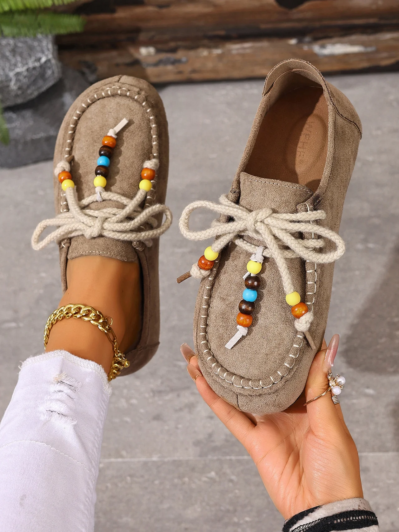Lace-up Beaded Casual Suede Retro Round Toe Flat Shoes - Image 3