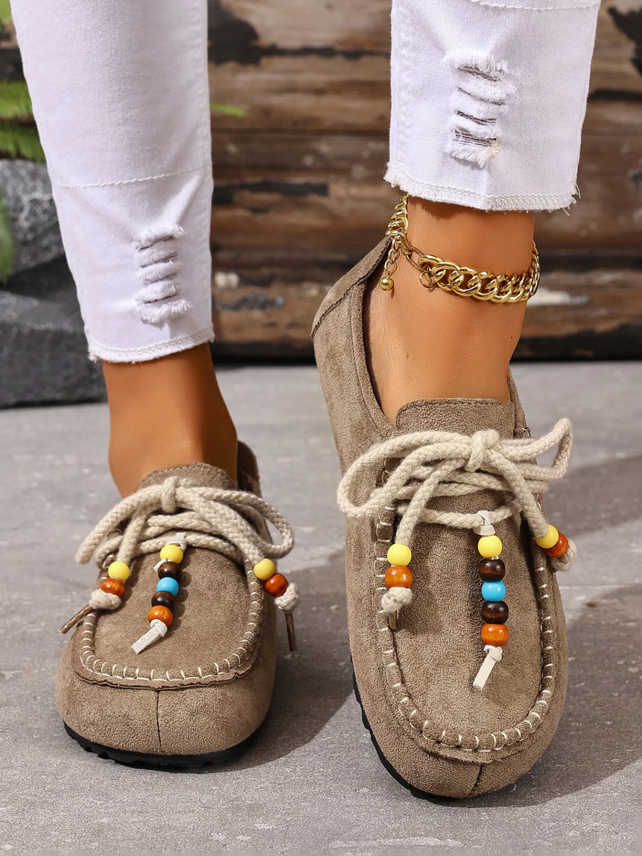 Lace-up Beaded Casual Suede Retro Round Toe Flat Shoes - Image 4