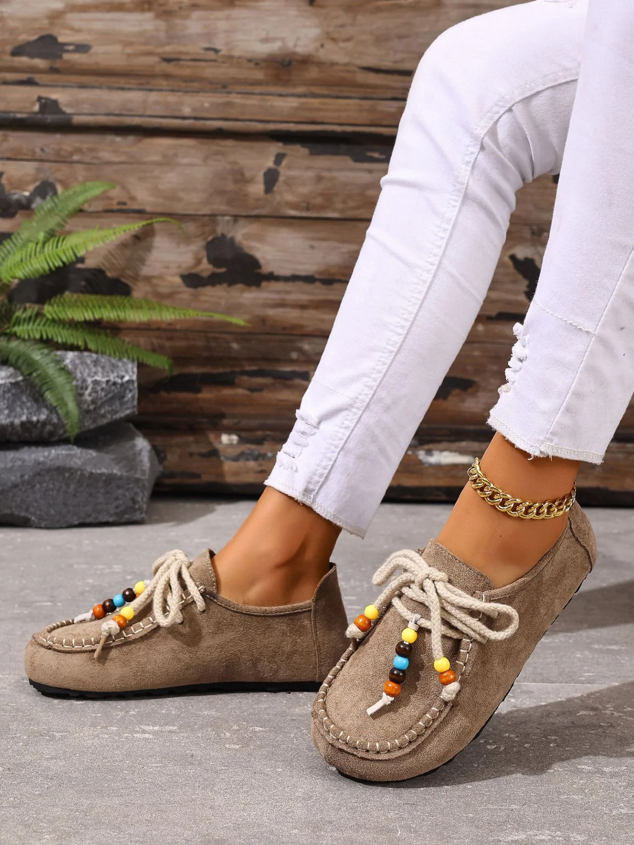 Lace-up Beaded Casual Suede Retro Round Toe Flat Shoes - Image 5