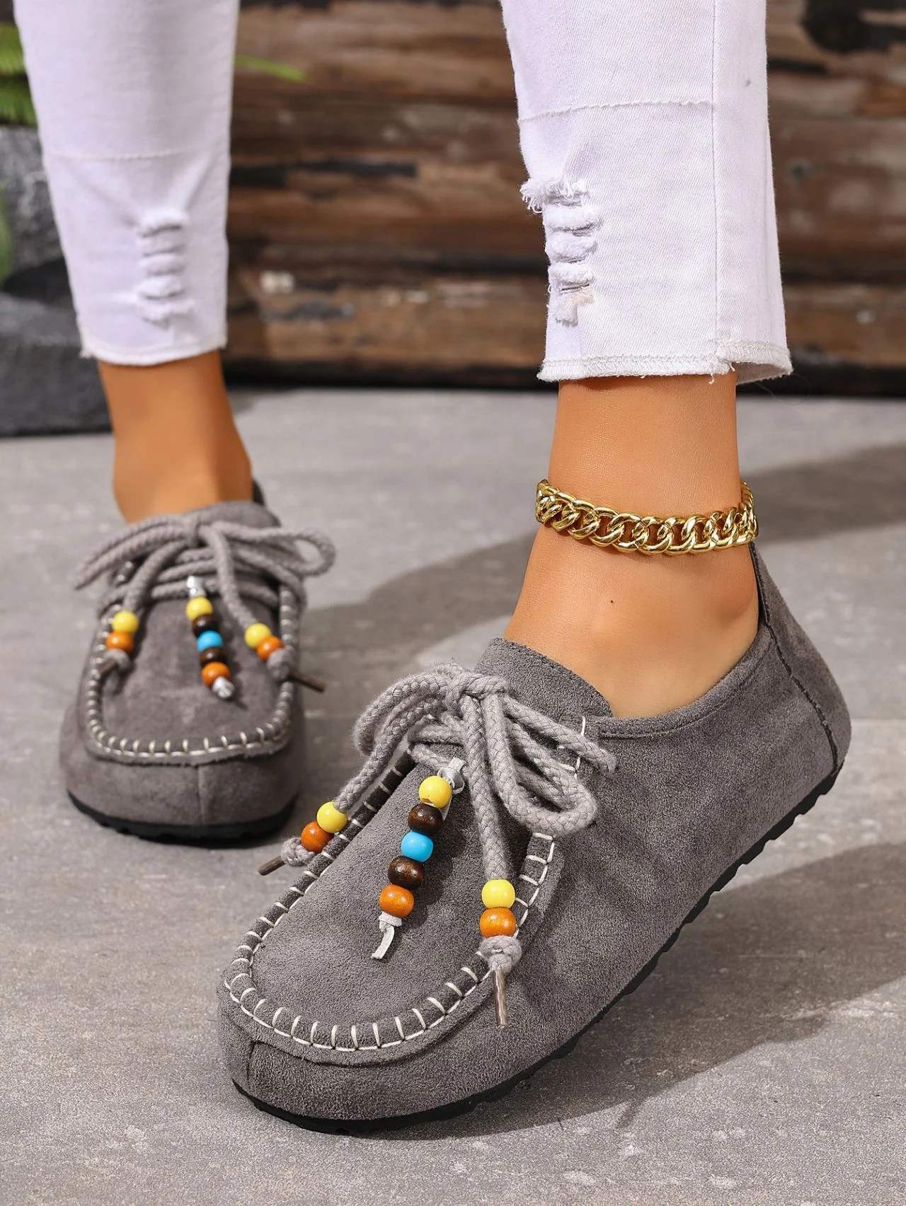 Lace-up Beaded Casual Suede Retro Round Toe Flat Shoes - Image 7