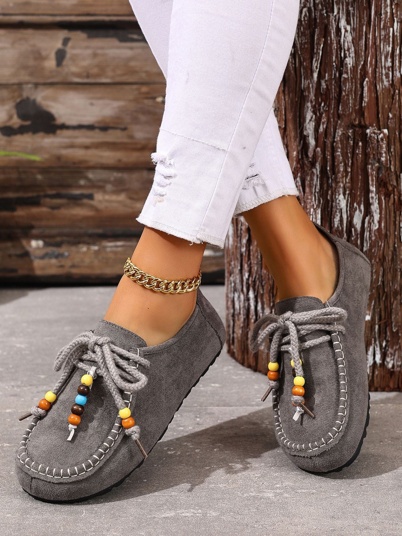 Lace-up Beaded Casual Suede Retro Round Toe Flat Shoes - Image 8