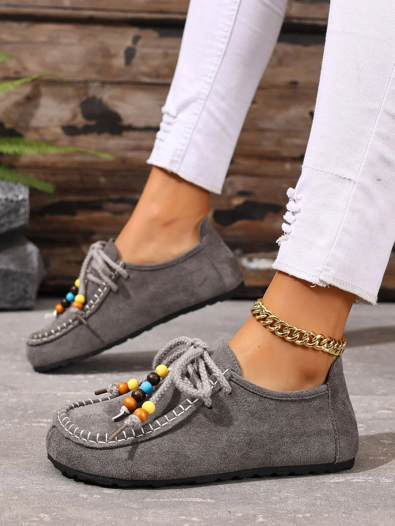 Lace-up Beaded Casual Suede Retro Round Toe Flat Shoes - Image 9