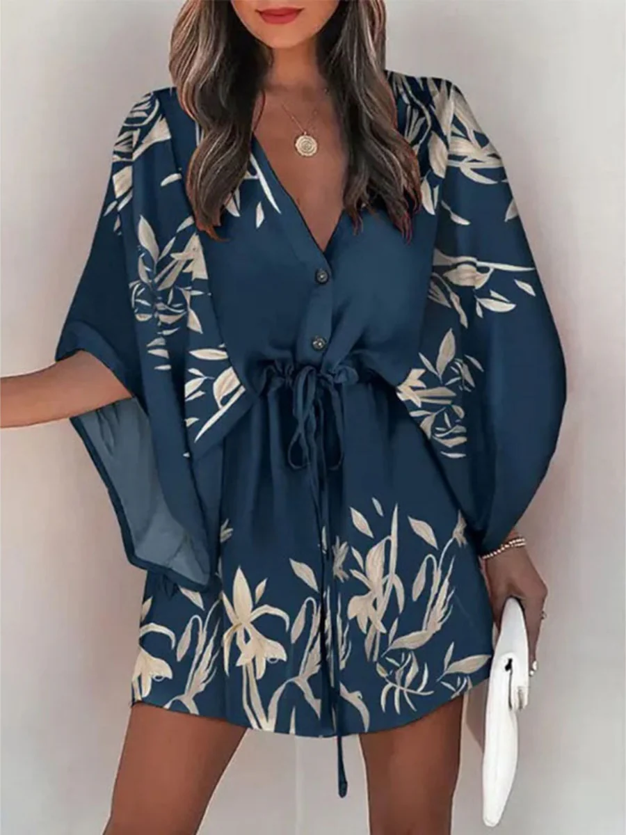 V-neck Tie-up Printed Patchwork Mini&Short Dresses - Image 4