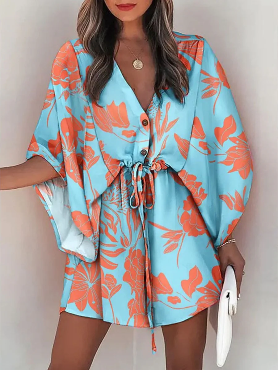 V-neck Tie-up Printed Patchwork Mini&Short Dresses - Image 5