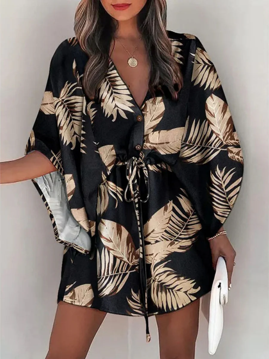 V-neck Tie-up Printed Patchwork Mini&Short Dresses - Image 6