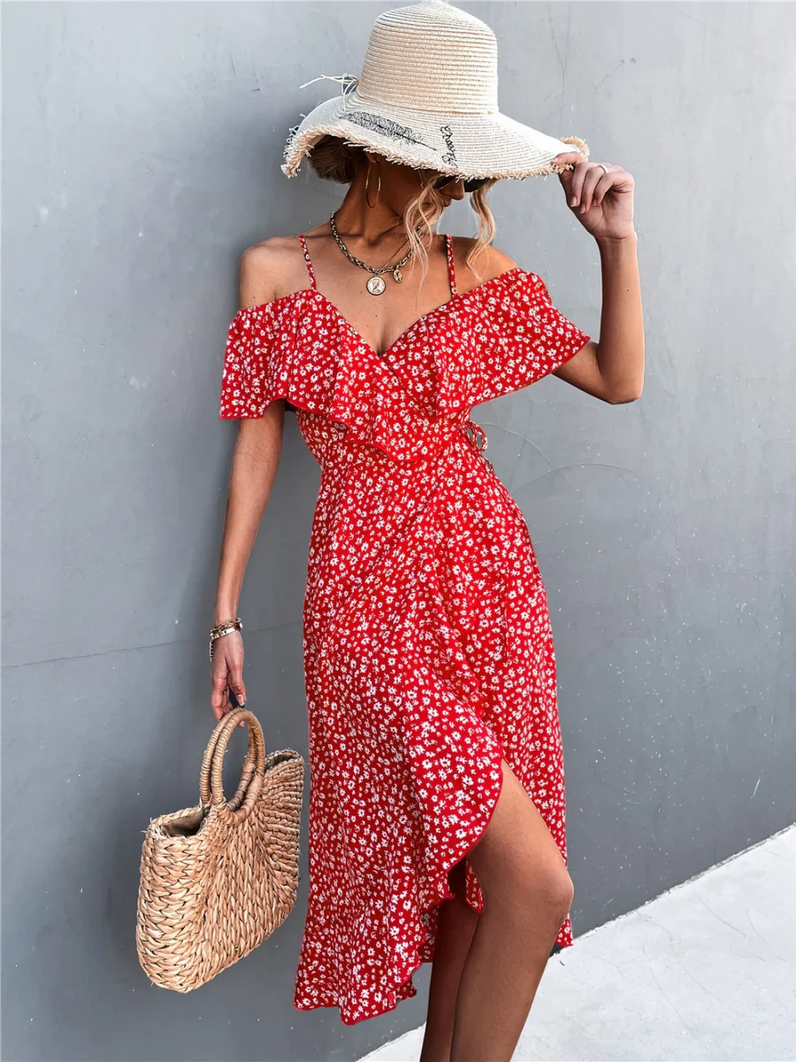 Off-the-shoulder Floral Print Sundress With Ruffles, Midi Length - Image 10